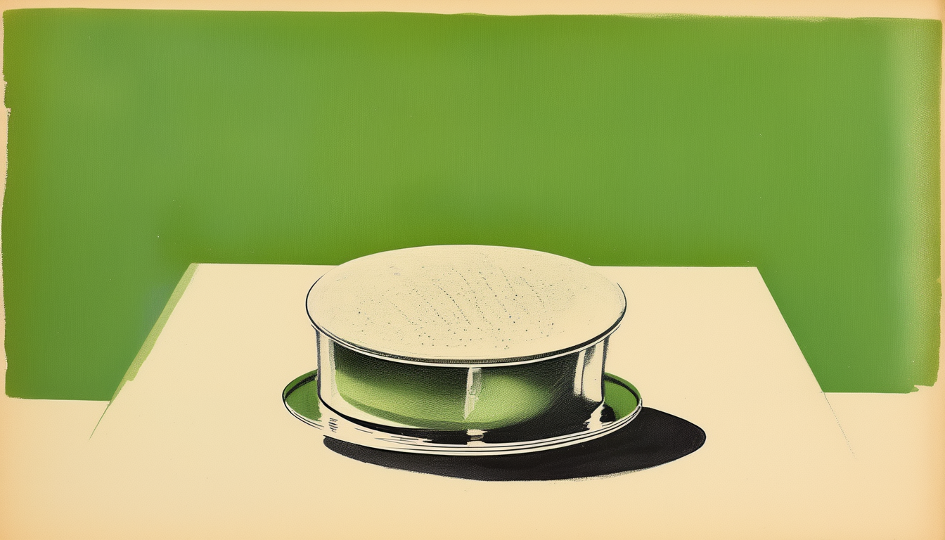 A compact brushed-silver countertop food-printer on a studio pedestal extruding a glossy printed meal-disc lit from within by chlorophyll-lime light, a faint holographic field above.