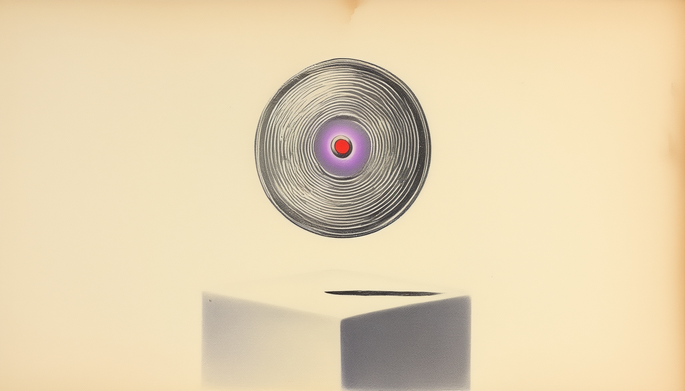 A skin-thin mirror-silver circular relay patch hovering above a studio pedestal, clean concentric signal-violet pulse rings rippling outward from it.