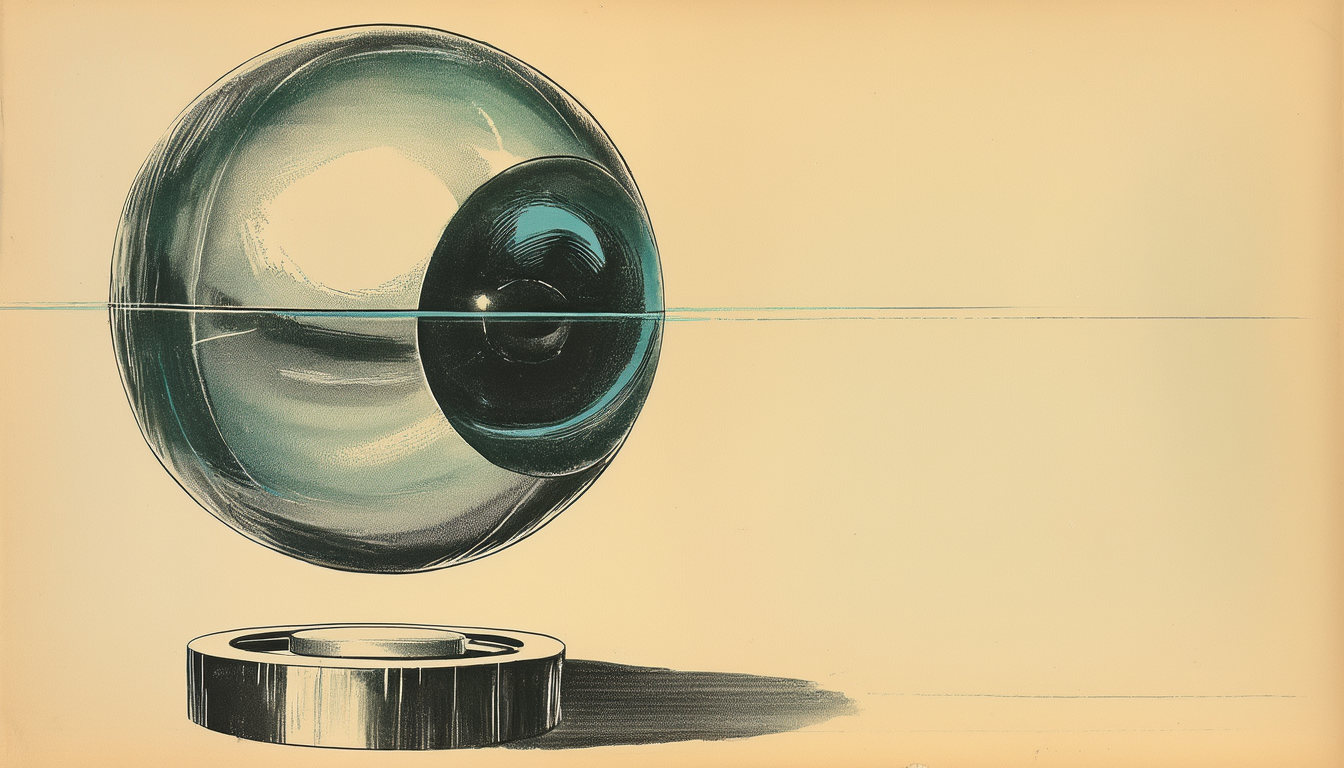 A palm-sized brushed-silver decision orb on a studio pedestal with a single calm electric-azure lens-eye and one lone button, a hairline seam leaking azure light.