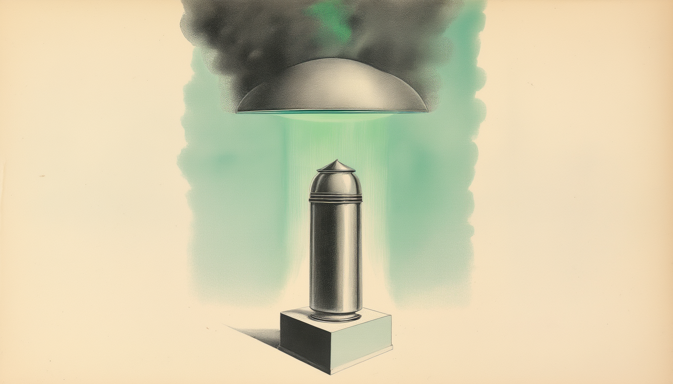 A brushed-silver personal air canister on a studio pedestal projecting a clean translucent dome of bioluminescent-green filtered air, faint grey haze pressed against the outside.