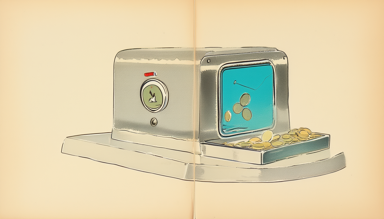 A mirror-silver desktop earnings-tap device on a studio pedestal, a thin stream of plasma-cyan liquid-light coins pouring from its slot and pooling below.