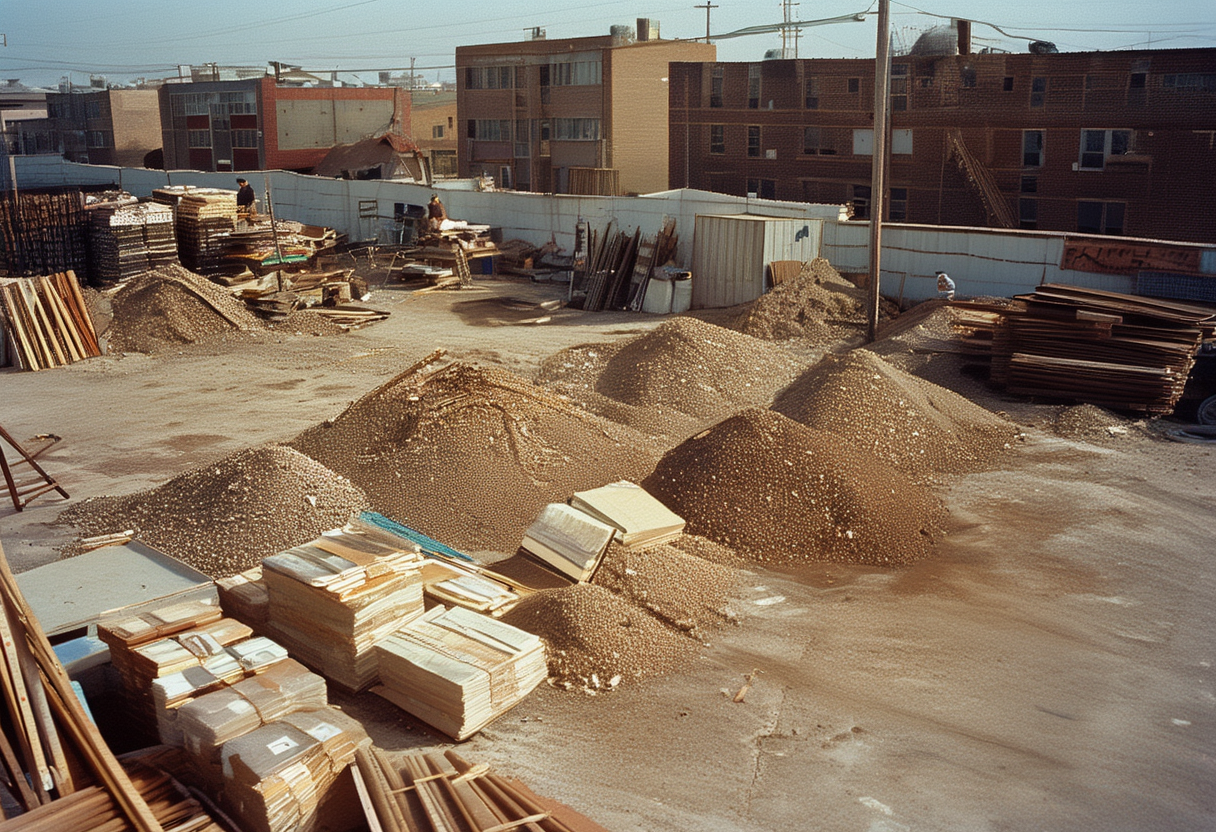 A community material stockpile in a high-self-sufficiency district, 2036. Inventories at several reclaimed-steel commons now exceed…