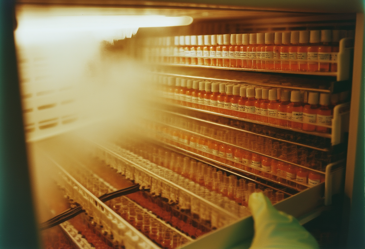 An open laboratory freezer drawer packed with racks of labeled sample vials.