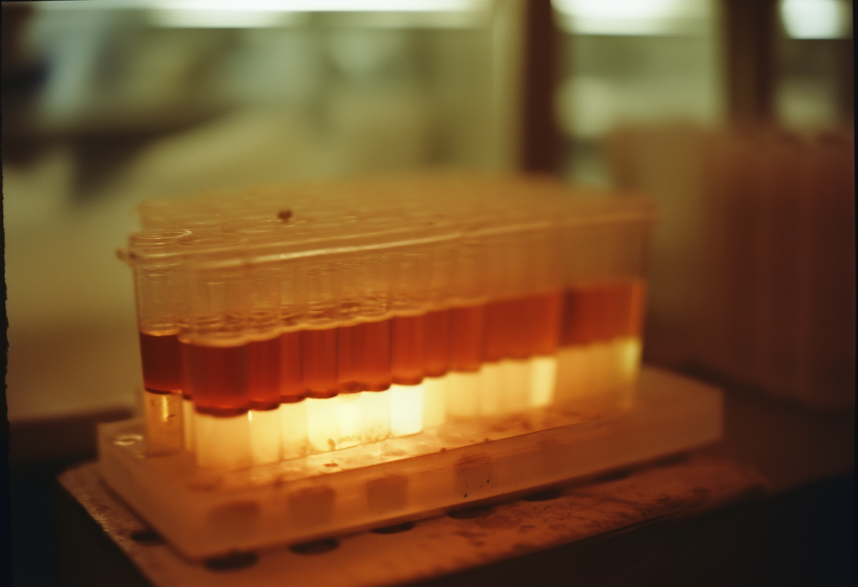 A bench-top molecular assay reading a blood sample, Nakamura Lab, 2034. The well fluoresces only when…