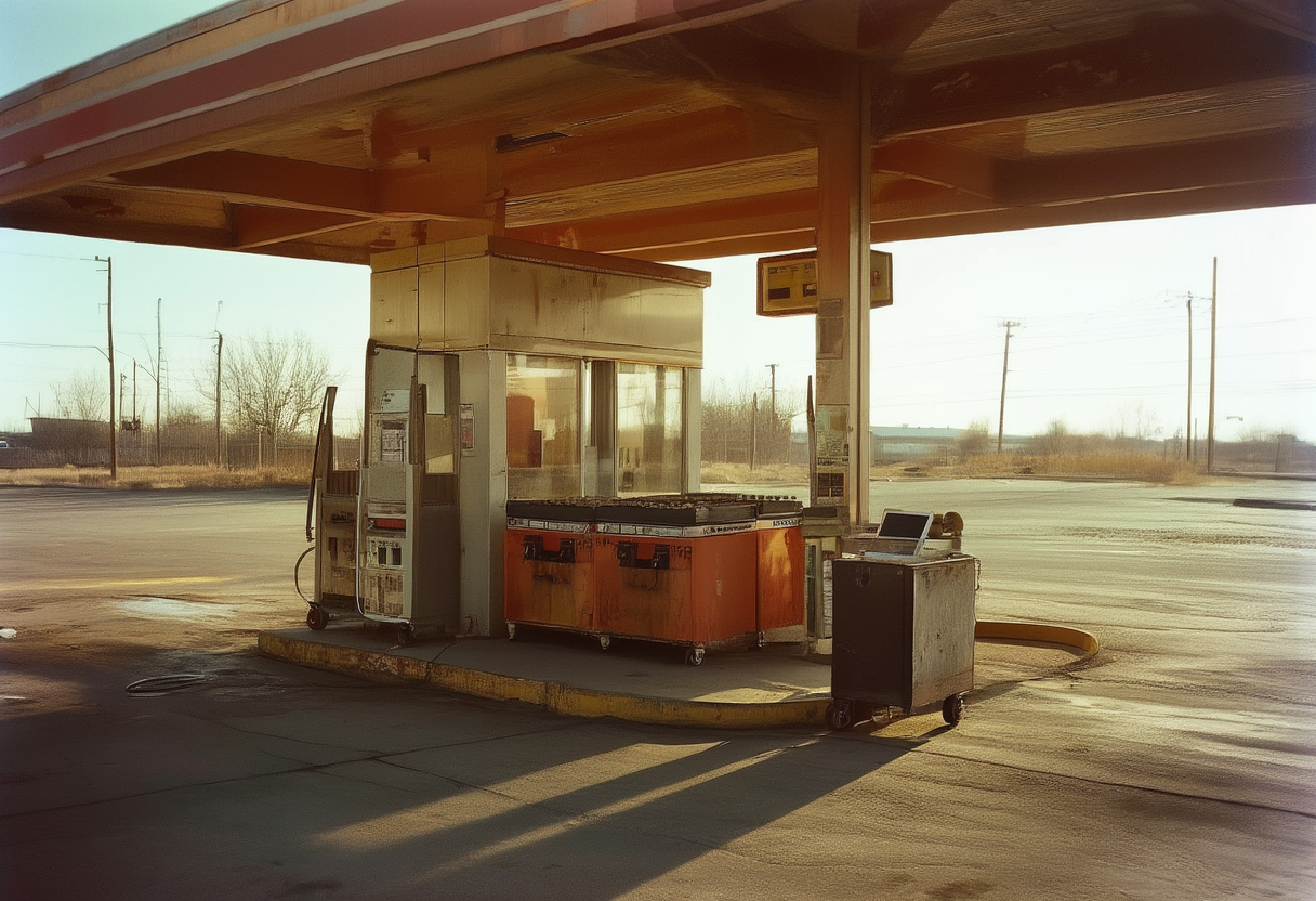 A filling station converted into a battery swap-and-repair bay, with two battery modules on a steel workbench under a disused fuel-station canopy.