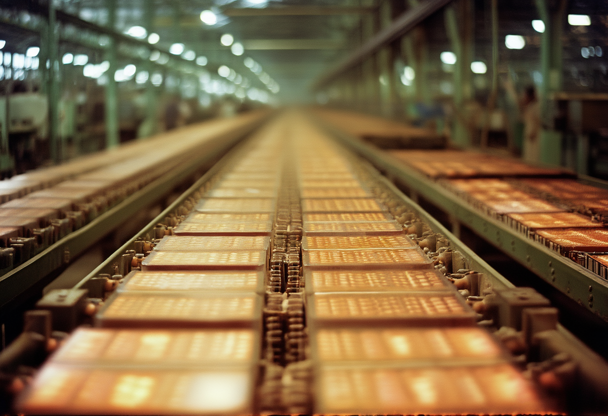 A state-coordinated solid-state battery cell production line, rows of cells under cool overhead light.