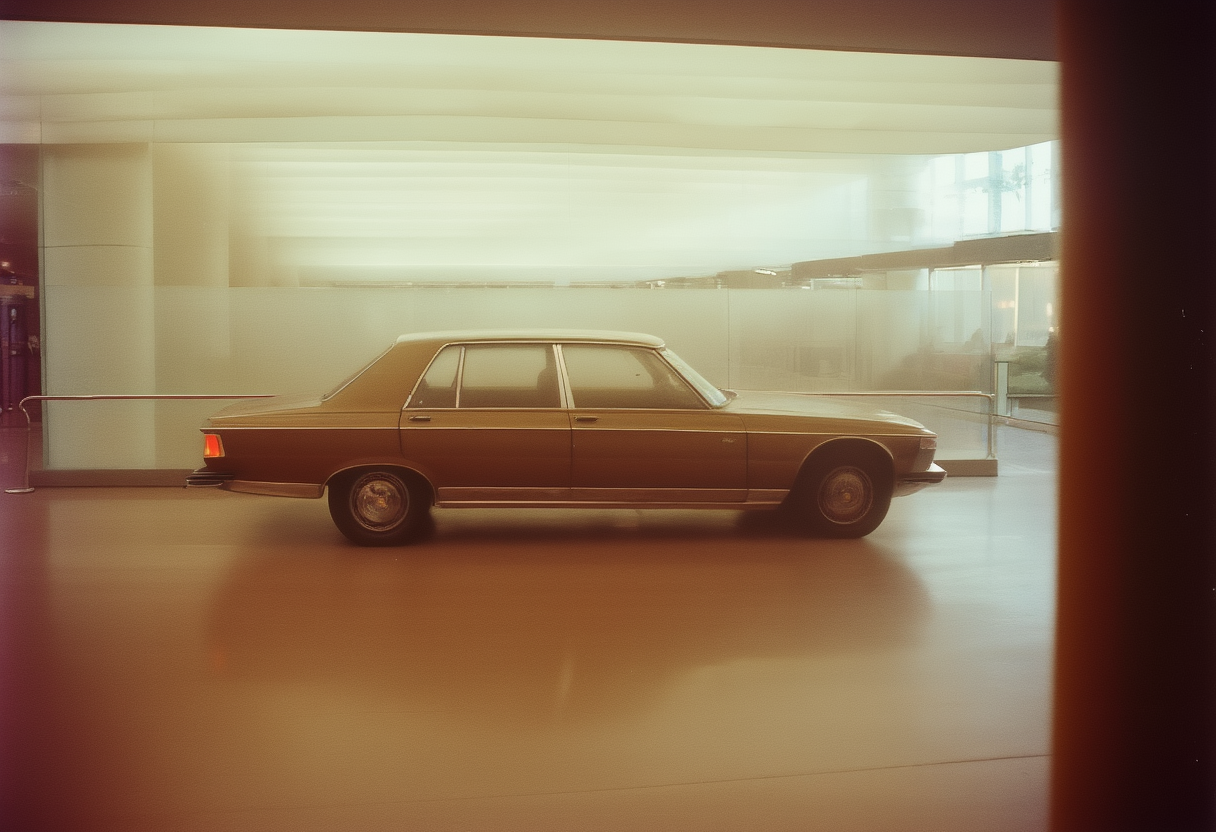 A premium solid-state sedan on a showroom floor, lit cool, slightly out of reach.