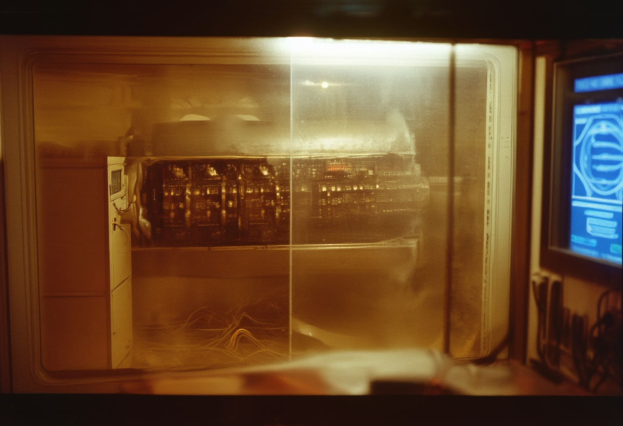 A propulsion-startup demo unit labeled a spacetime distortion engine: a shielded cavity, a cryo line, and a rack of processors behind glass, with a warp-shell simulation glowing on a wall screen.