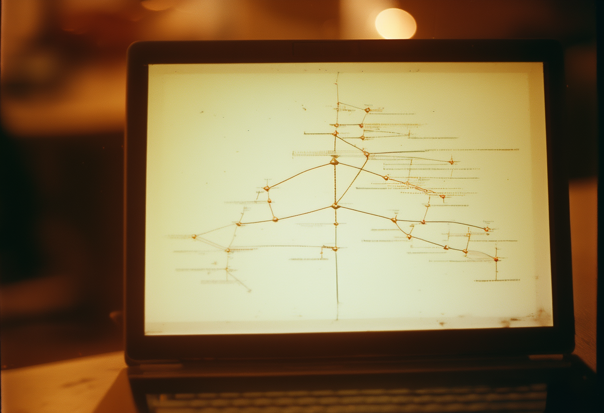 A laptop screen shows a genetic family tree with one branch rendered as a dotted, unlabeled line.