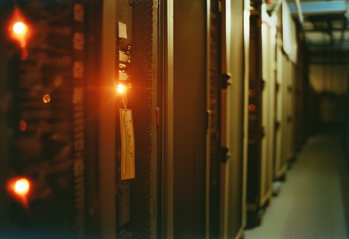 A row of server racks in a data center at night, one amber status light glowing, a loose laminated asset tag.