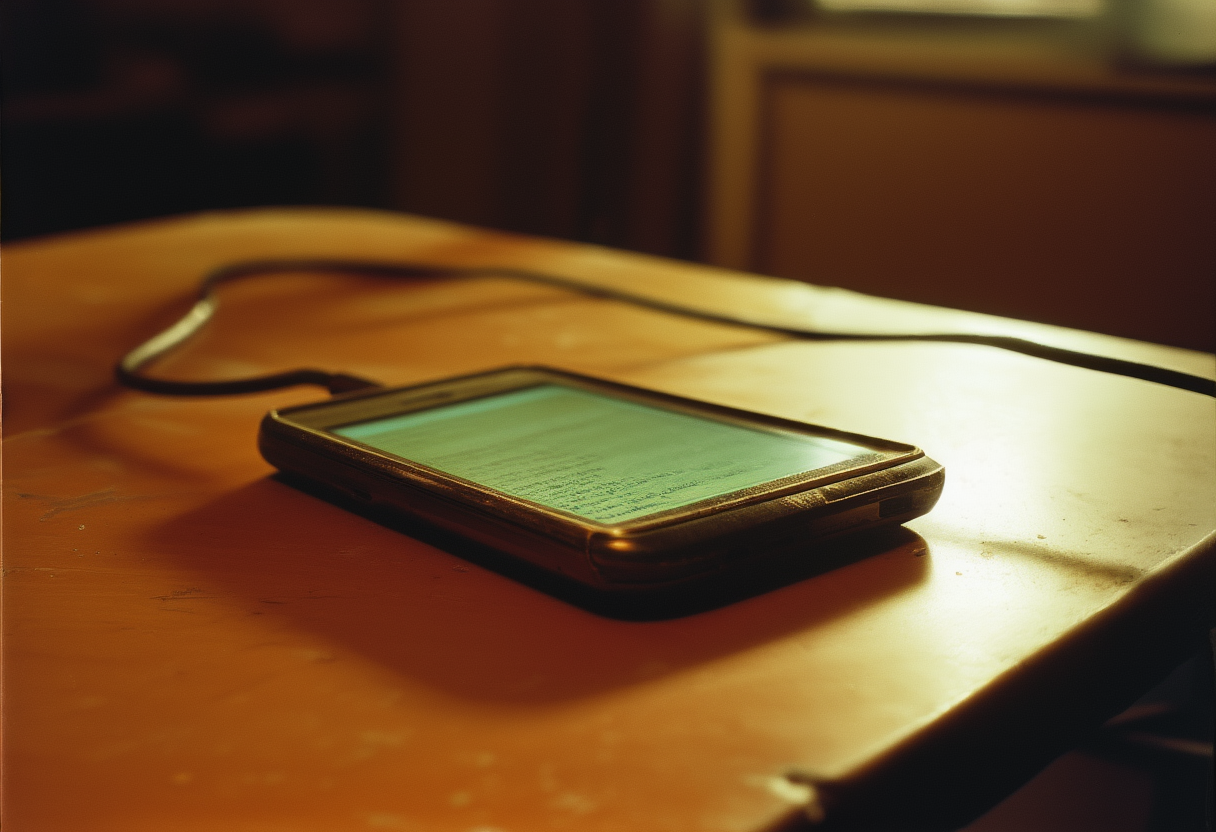 A dead smartphone on a folding table, its screen showing an archived 2025 chatbot conversation ending in a spiral emoji, cold light from a window