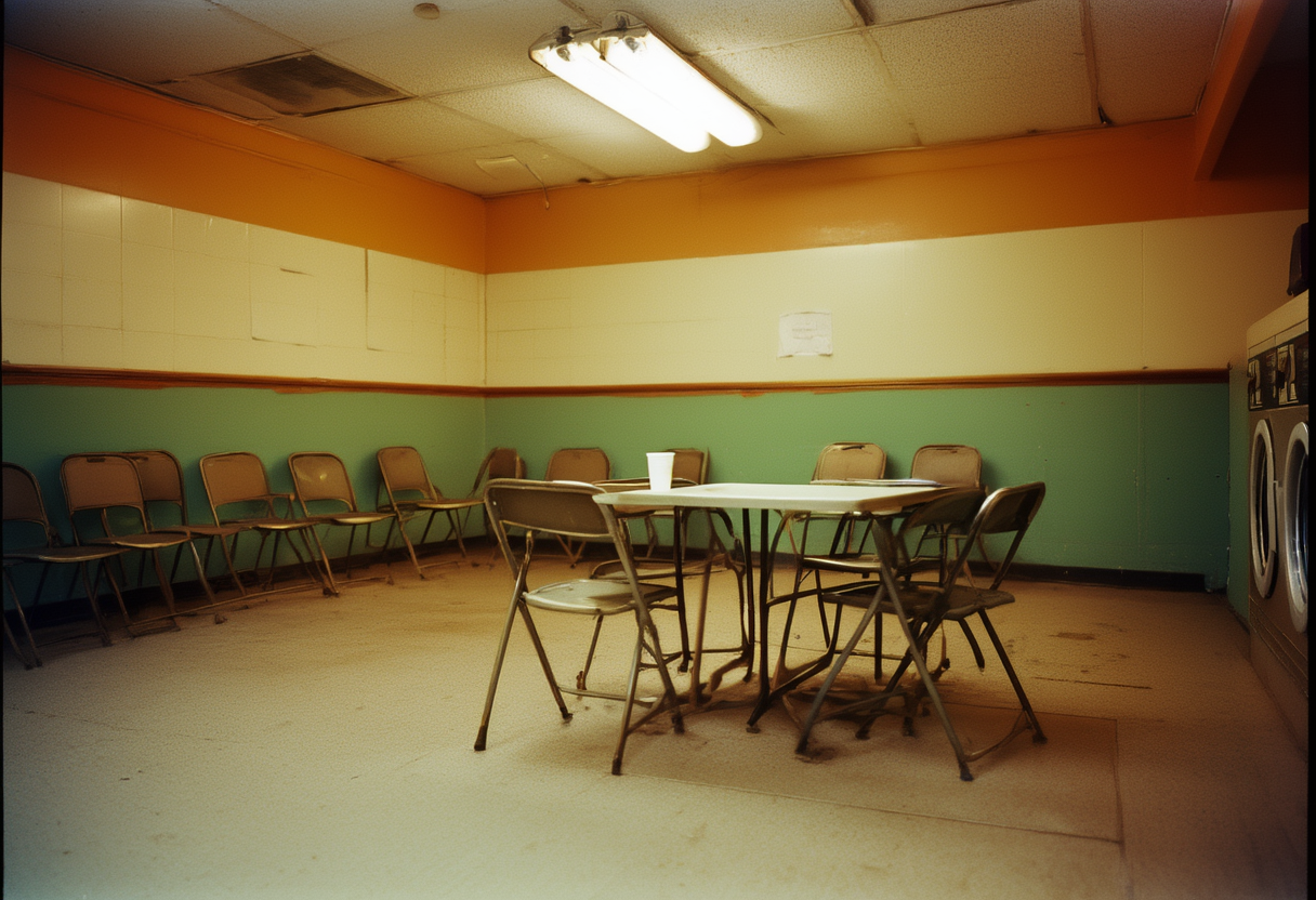 An empty circle of folding chairs in a bare rented room behind a laundromat, morning light, one chair turned outward