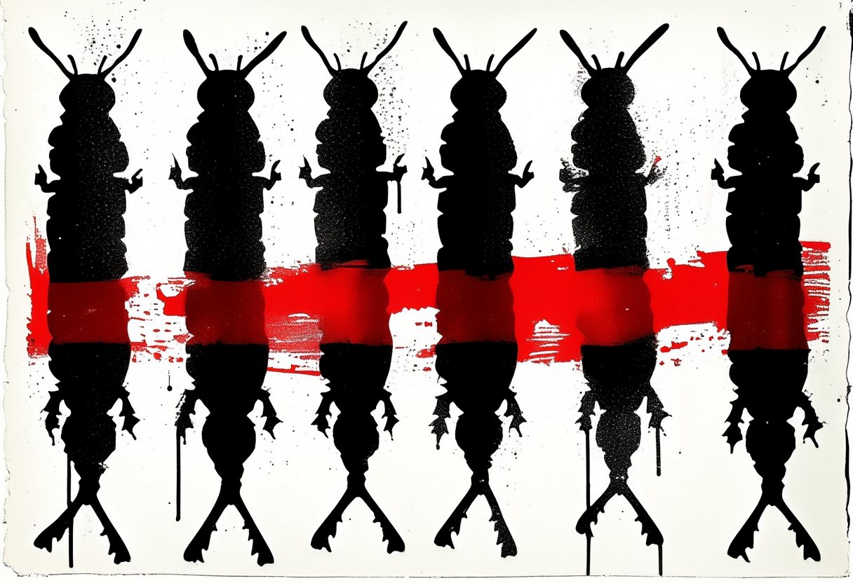 Six caterpillar silhouettes stacked in a column, each slightly longer than the last, with a red band through the middle that widens down the column.