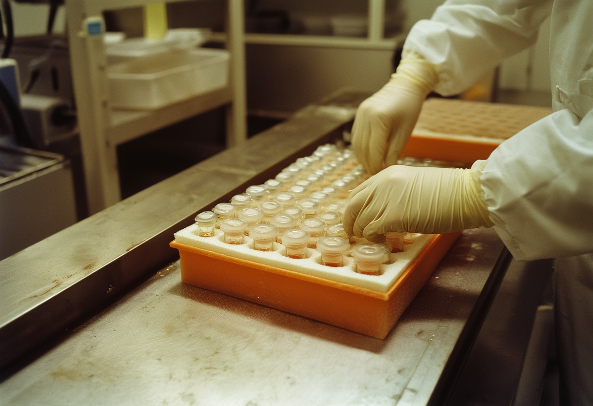 Gloved hands seating sealed reagent vials into a foam tray on a worn stainless steel bench under cold light.