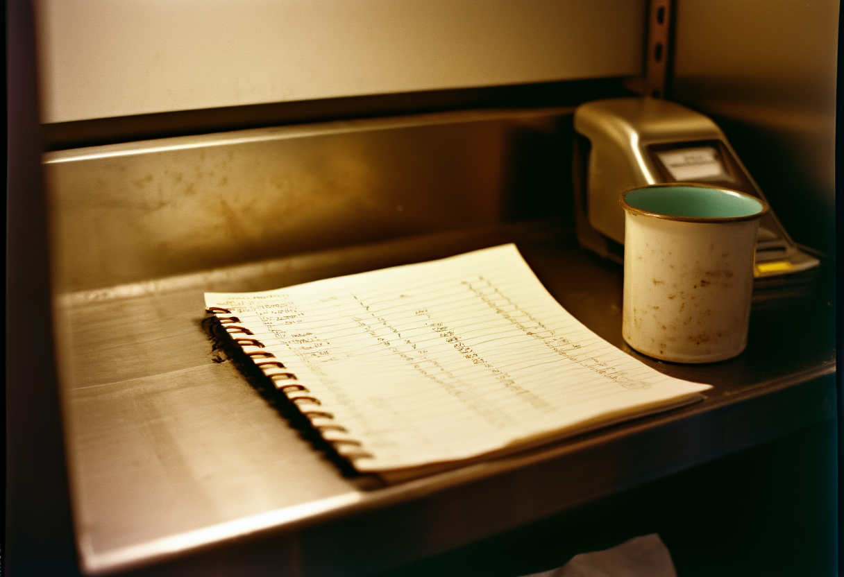 An open spiral-bound paper notebook with handwritten columns on a steel shelf beside a badge reader and an enamel mug.