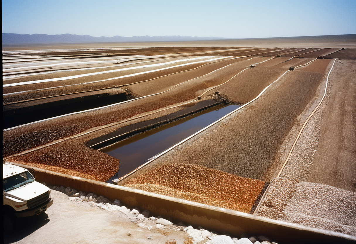 Rows of dark crystallizer panels on an arid coast, pale mineral cake banked along their rims.