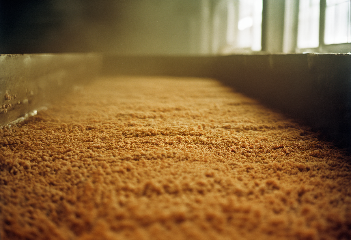 Living hemp-mycelium panels in a cultivation shed outside Portland, fourteen days into growth, before delivery to…