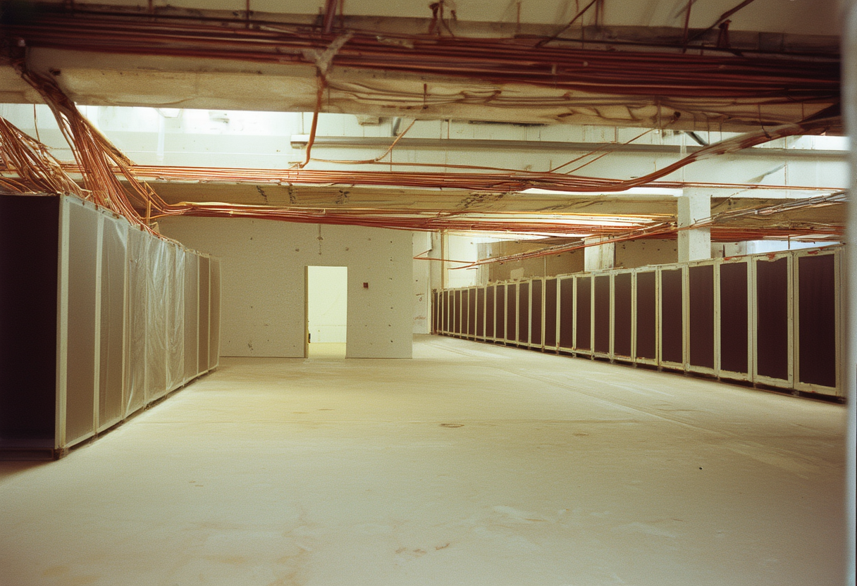 A half-finished data hall with bare concrete, overhead cable trays and rows of empty rack bays.
