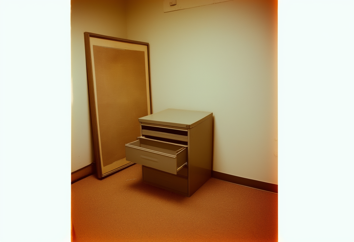 A steel filing cabinet with one empty drawer pulled open, a framed canvas turned face to the wall beside it.