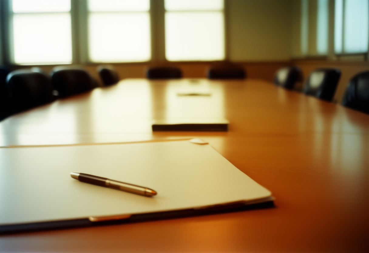 An empty conference table with a pen lying across a closed folder at one end and eight vacant chairs pushed in.