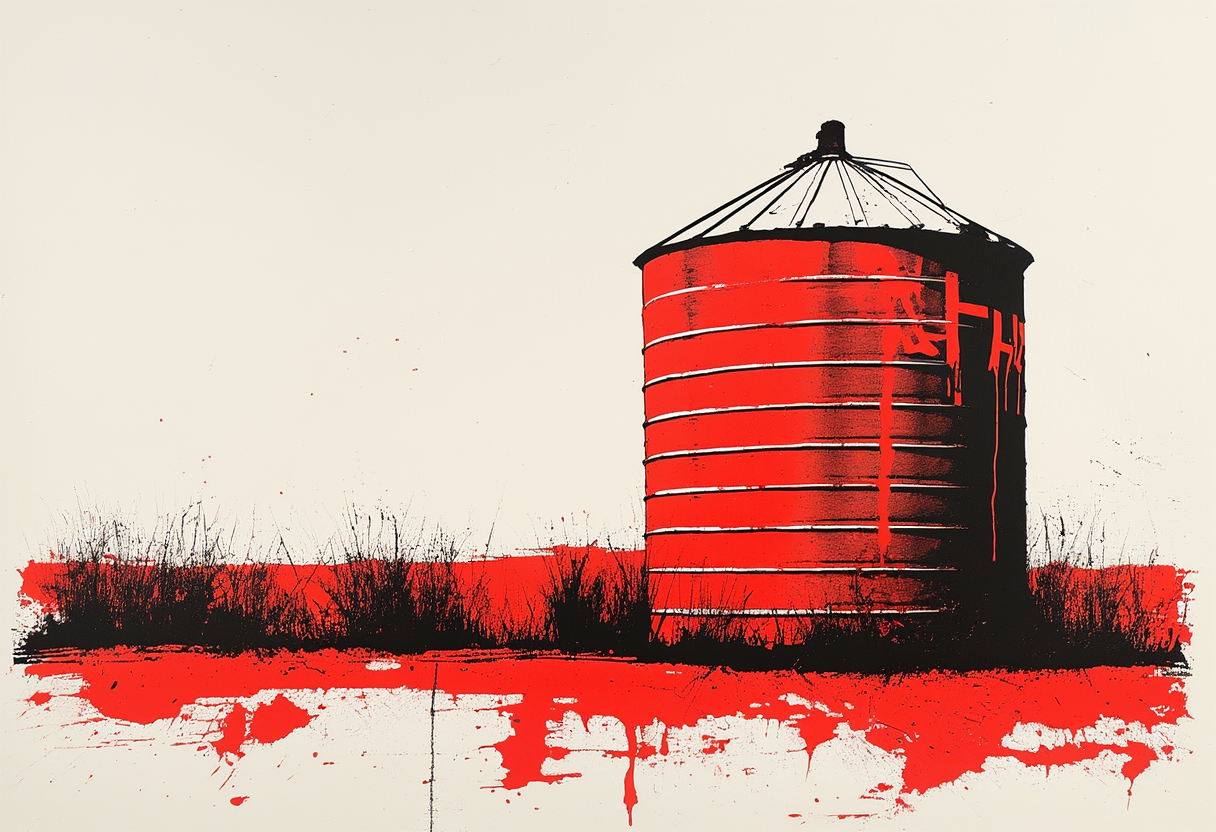 An empty grain bin with a painted name on its side sanded down until only a faint outline remains.