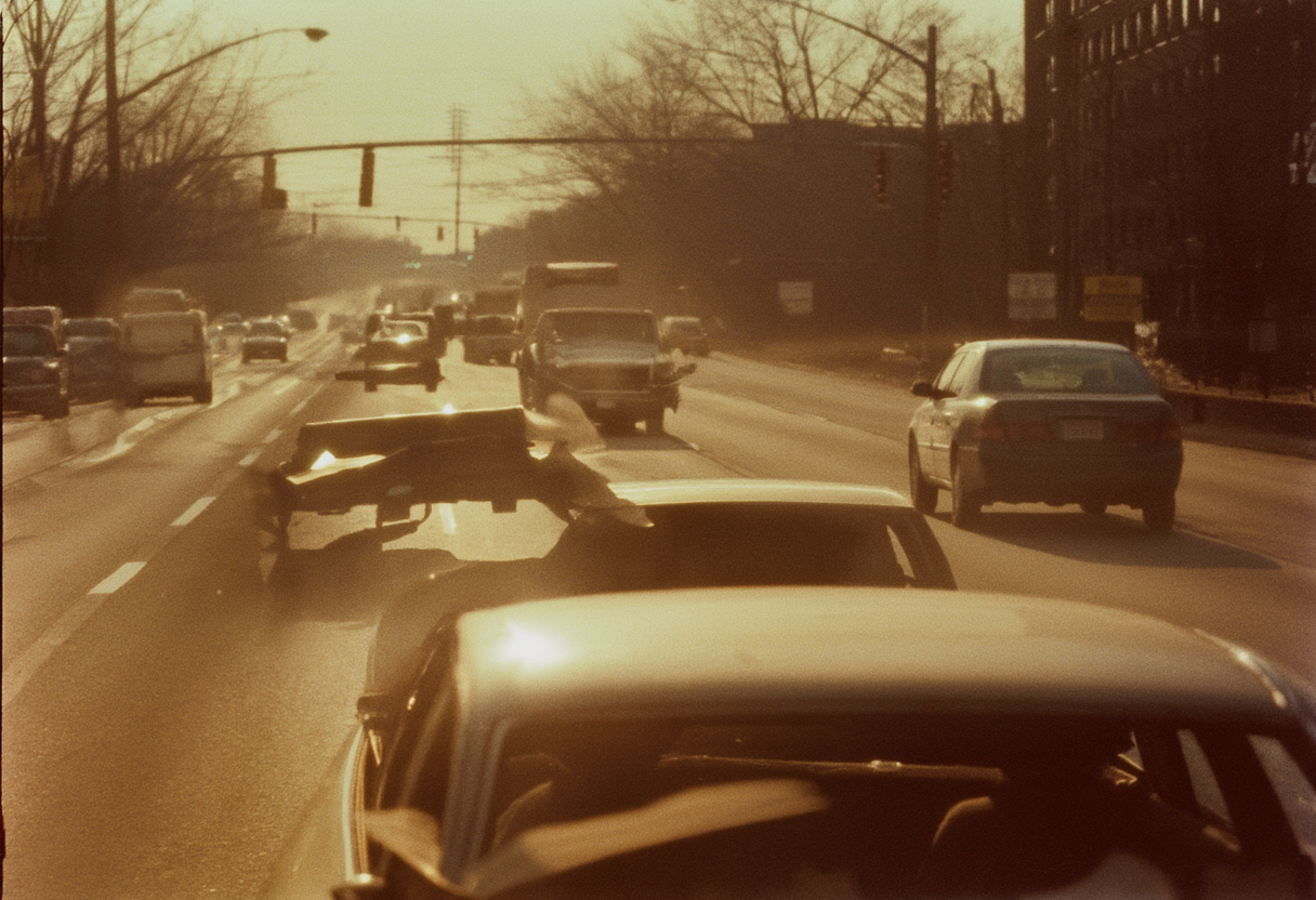 Immobilized autonomous vehicles beside still-moving manual traffic on a Boston arterial, March 12, 2036. Cars built…