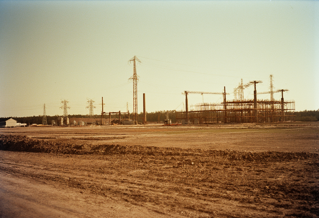 A vast data center rising on cleared farmland, cranes along the roofline