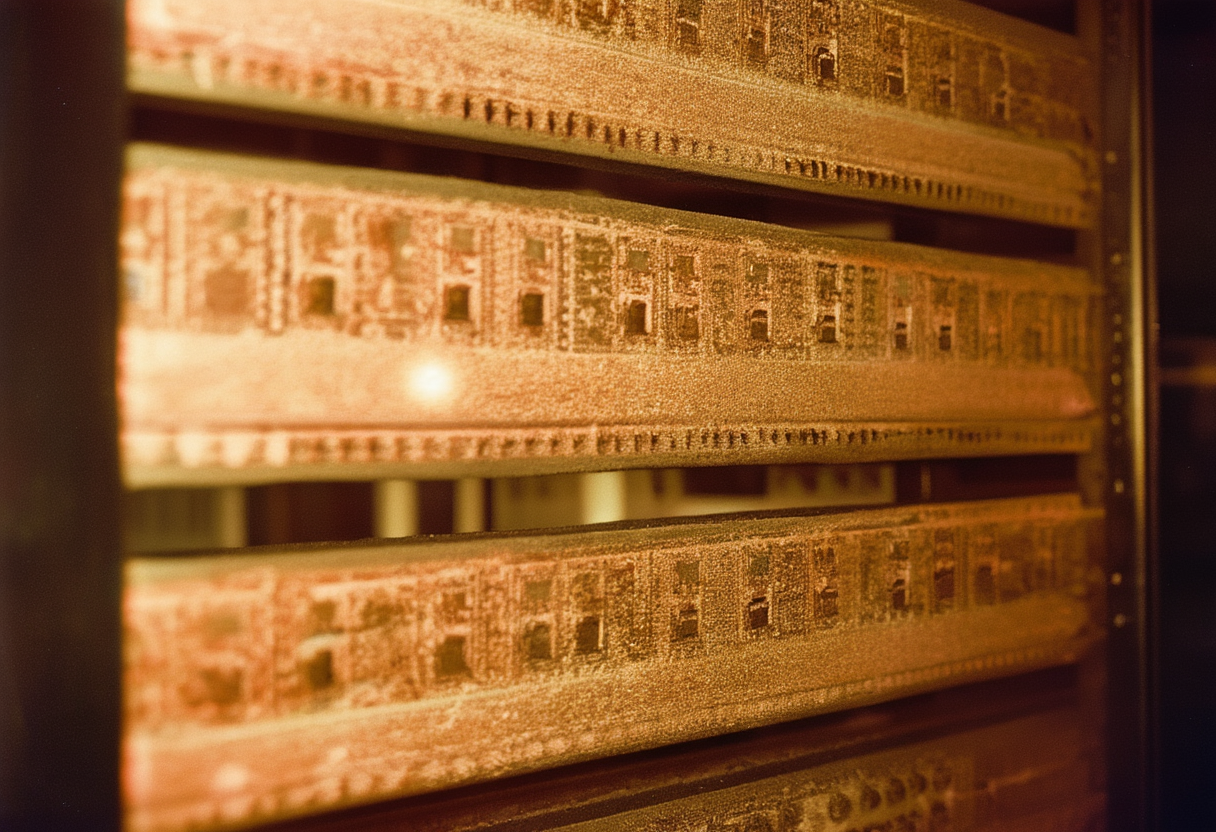Rows of dark server racks in a powered-down hall, one aisle lit