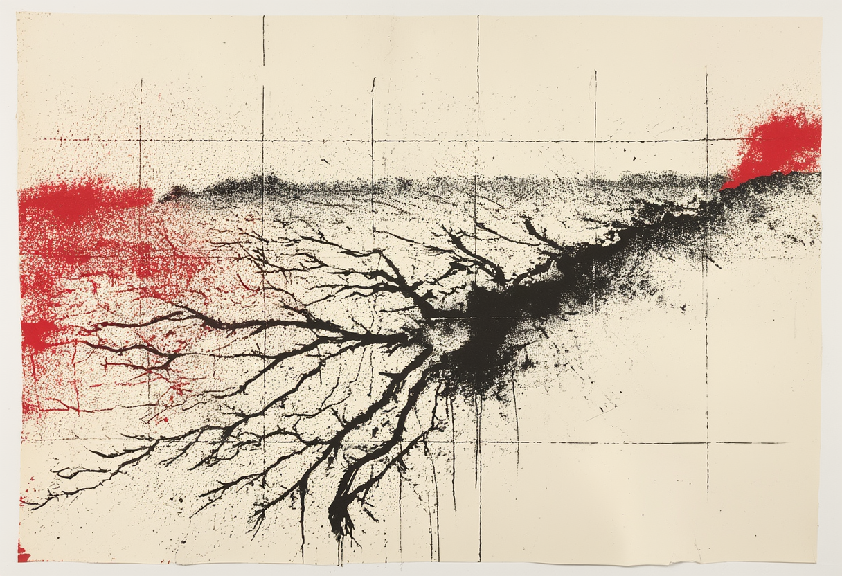 A field outline with one branching channel drawn down its length in heavy black lines, and a short red mark where the channel leaves the field.