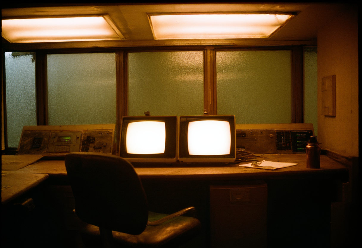 A small industrial control room at night with two softly glowing monitors, a worn chair, a thermos and a clipboard on the desk.