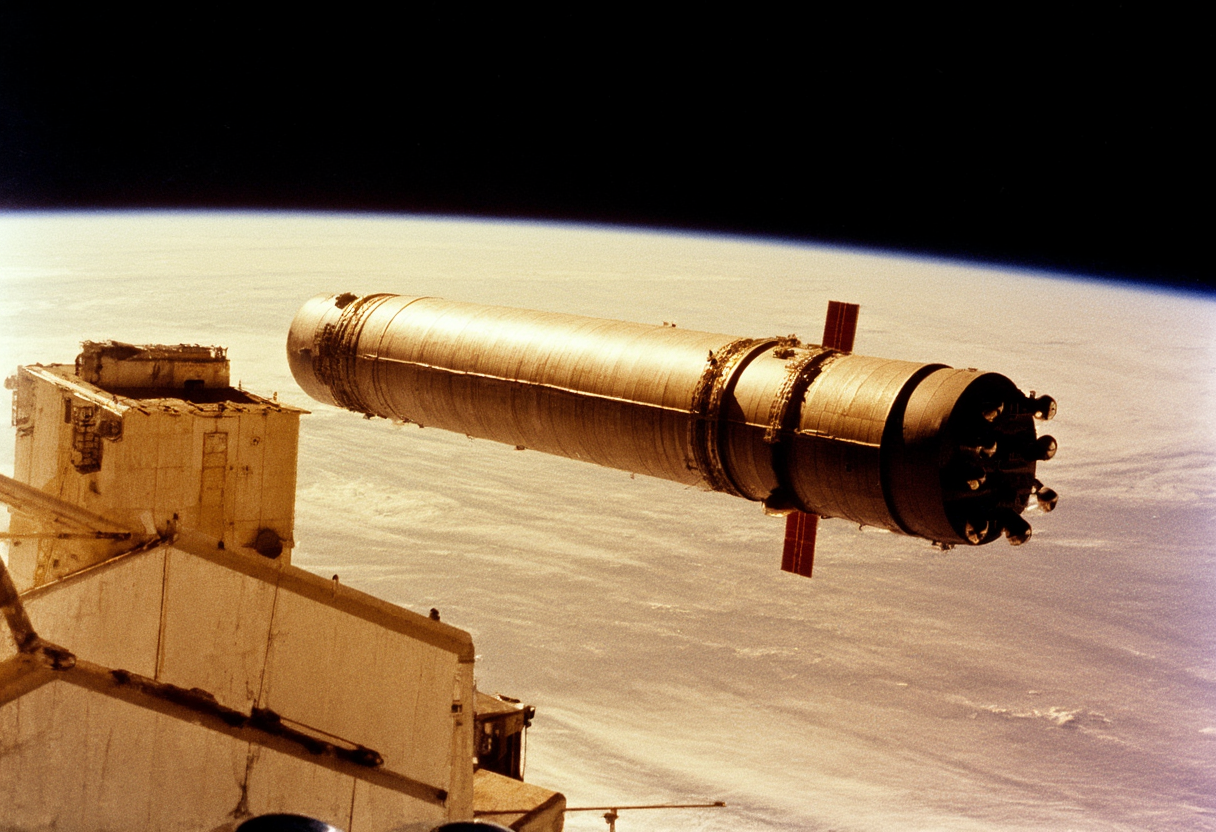 A long cylindrical orbital transfer vehicle with eight thruster bells berthed alongside a boxy cargo stack above the curve of Earth.