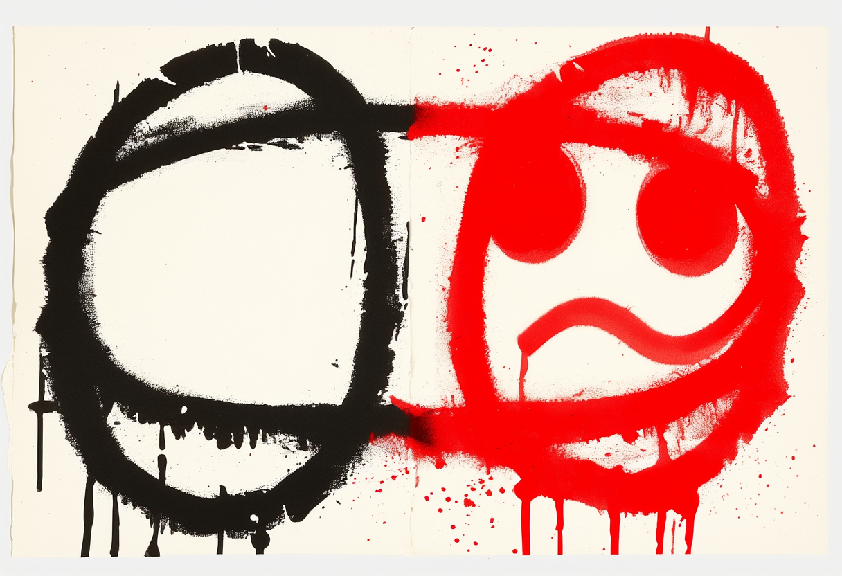 Two blank ovals side by side in heavy black outline, the right-hand one carrying two large round eyes and a curved red mouth.