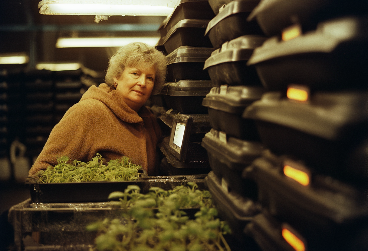 A woman in her late forties in a fleece jacket leans close to a shallow tray of pale micro-greens at the one lit opening in a tall grid of stacked black bins.