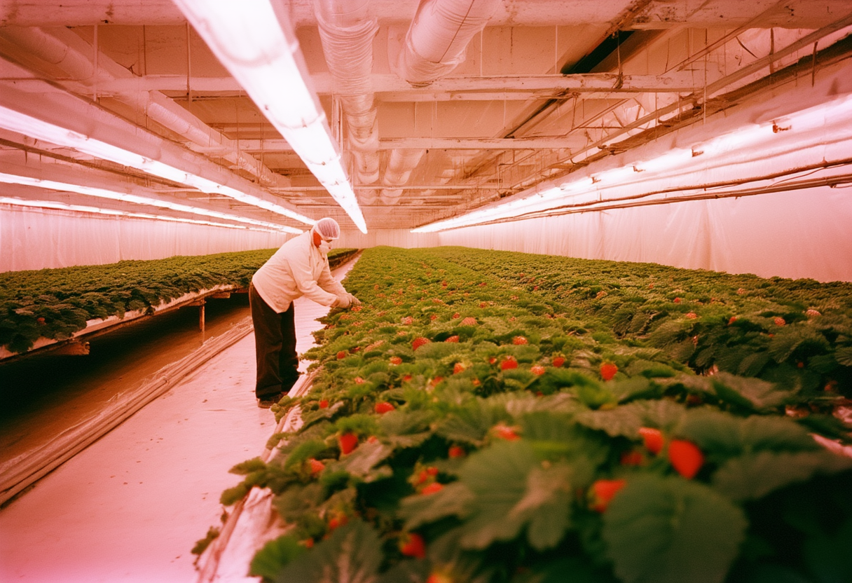 Long rows of low strawberry plants under pink-white overhead light in a sealed clean growing room, a single technician in a hairnet bent over one row inspecting fruit.