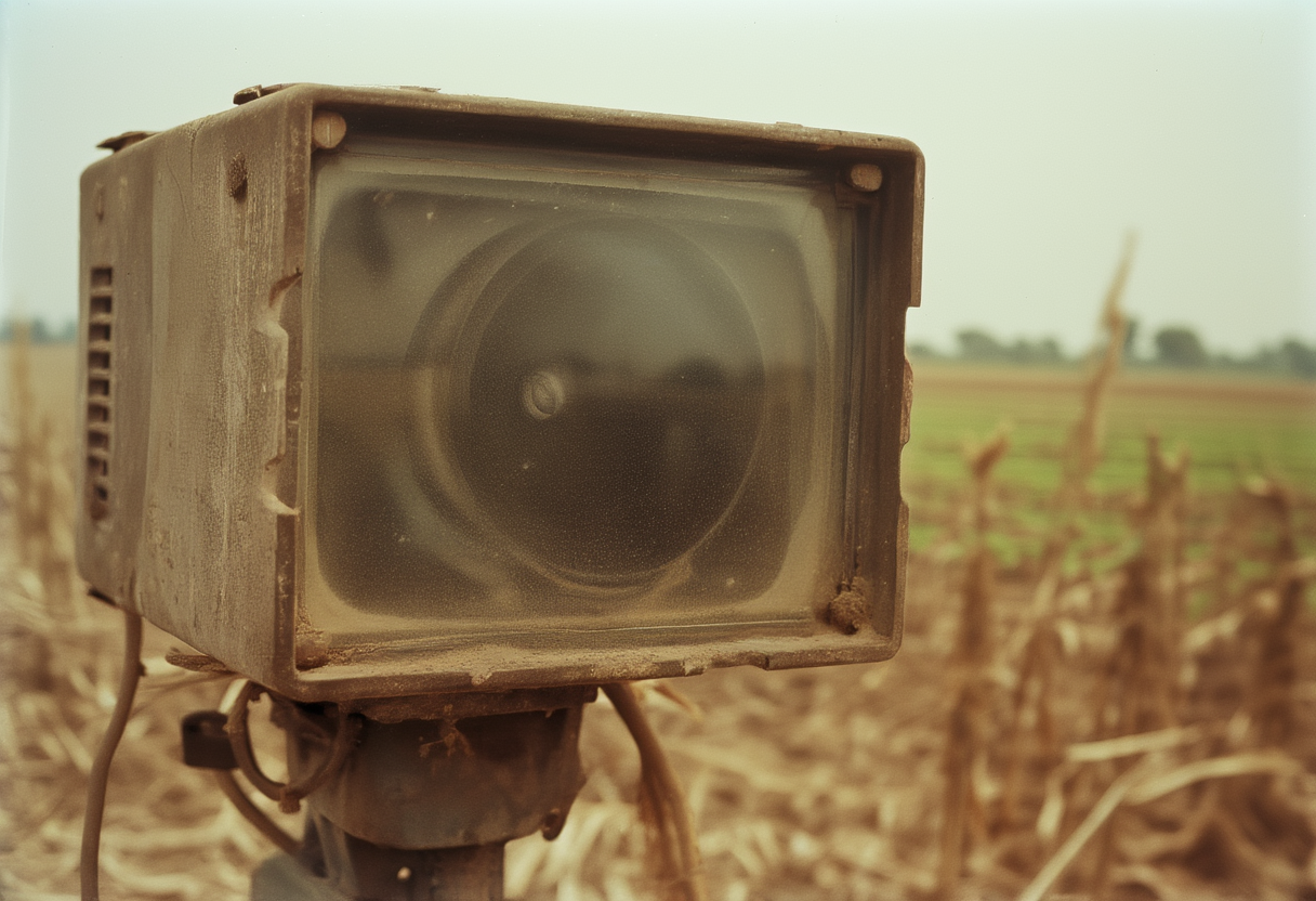 A gray solar-powered inference box clamped to an irrigation valve head at the edge of a small terraced field, camera lens facing a row of crops, morning light