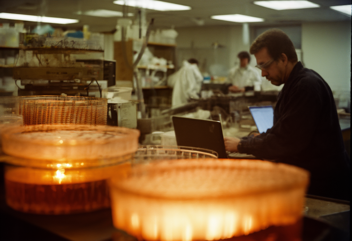 A community biolab bench — open laptops beside PCR equipment