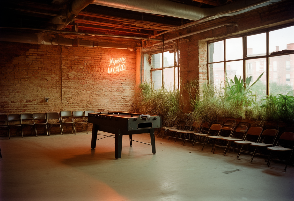 An abandoned open-plan coworking office at dusk, a dead neon sign, an unplugged foosball table, wilted plants along the window.