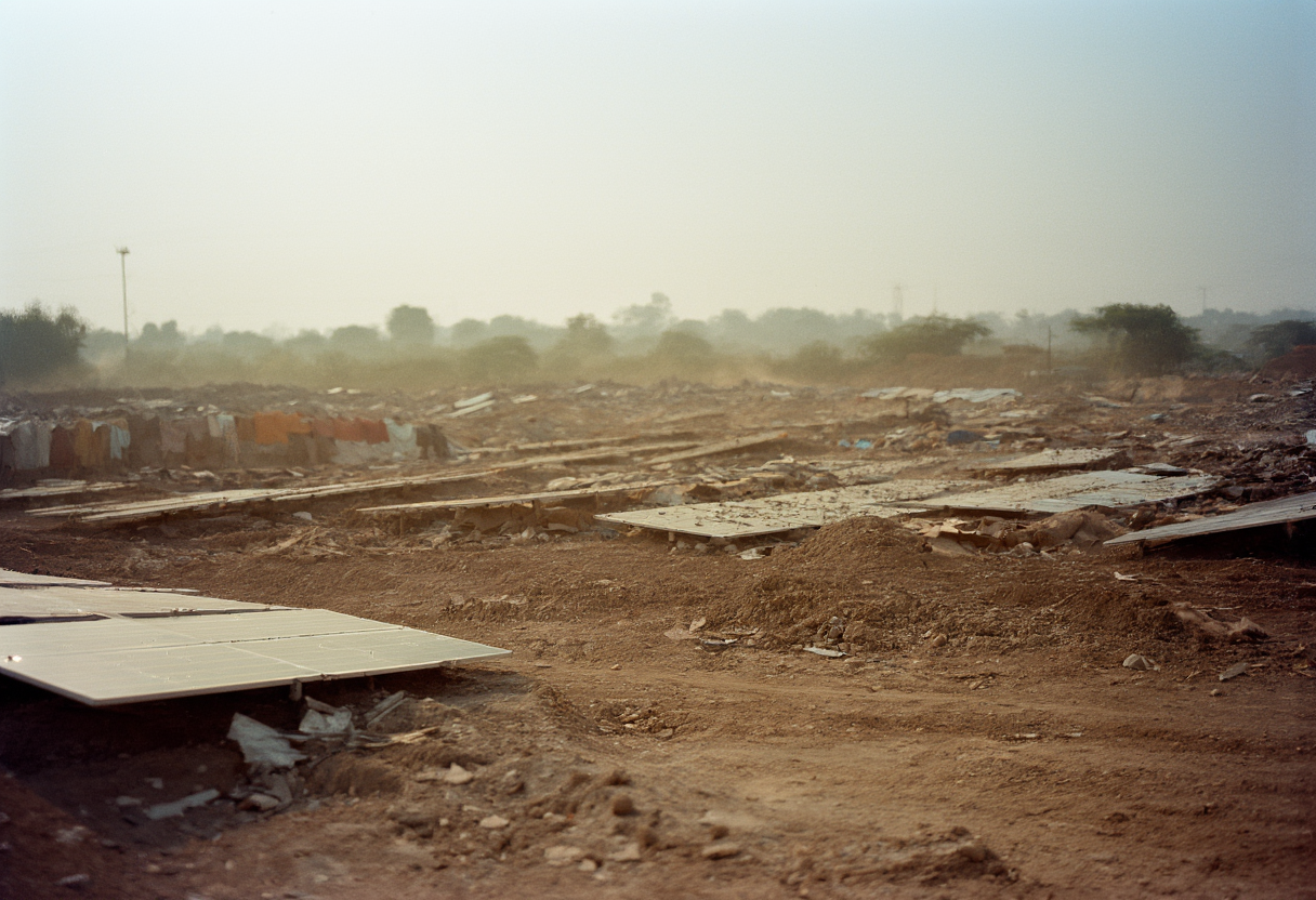 The Silicon Graveyards outside Jaipur, India, photographed May 2036. Retired solar modules awaiting processing capacity that…