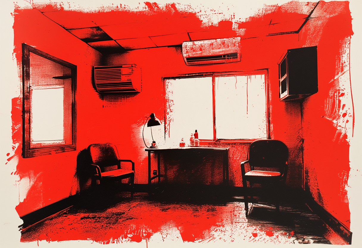 A two chair nail salon in a strip mall with a window air conditioning unit and a clamp lamp on the work table.