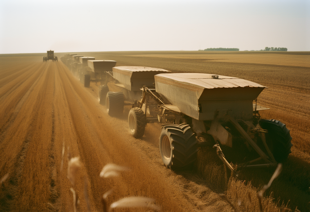 Idled autonomous combines in a standing corn field near Bloomington, Illinois, September 2036. Across the Midwest…
