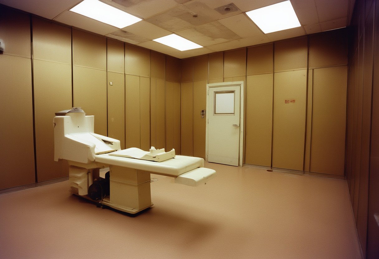 An empty shielded room containing a large helmet-shaped brain scanner above a reclining chair.