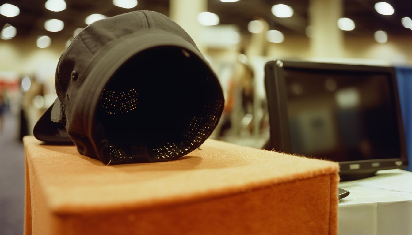 A baseball cap upside down on a felt display stand, its lining showing a grid of tiny flat sensors, a folding chair behind it.