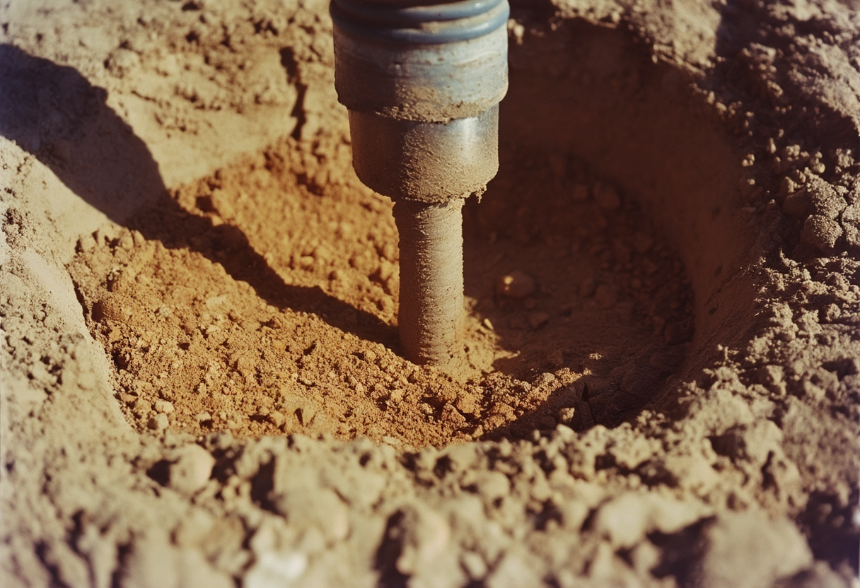 A steel probe driven into dry cracked clay, the soil lifted and fractured in a shallow dome around the shaft.