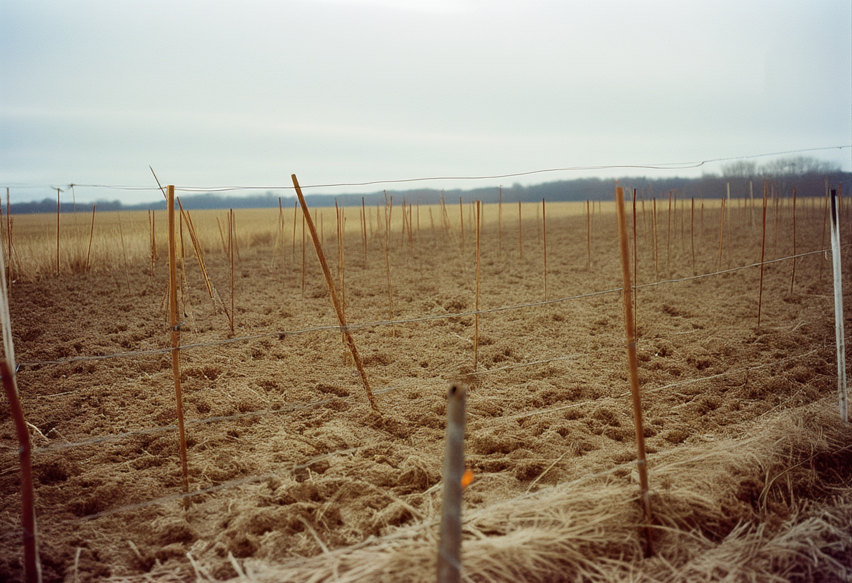 A bare field margin surveyed into a grid of small marker flags, with an untilled field running to the horizon beyond a wire fence.
