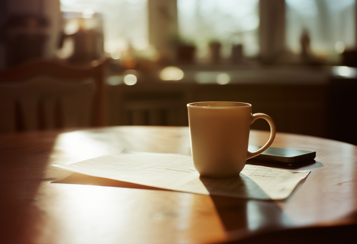 An account statement on a kitchen table beside a cold coffee cup and a phone lying face down.