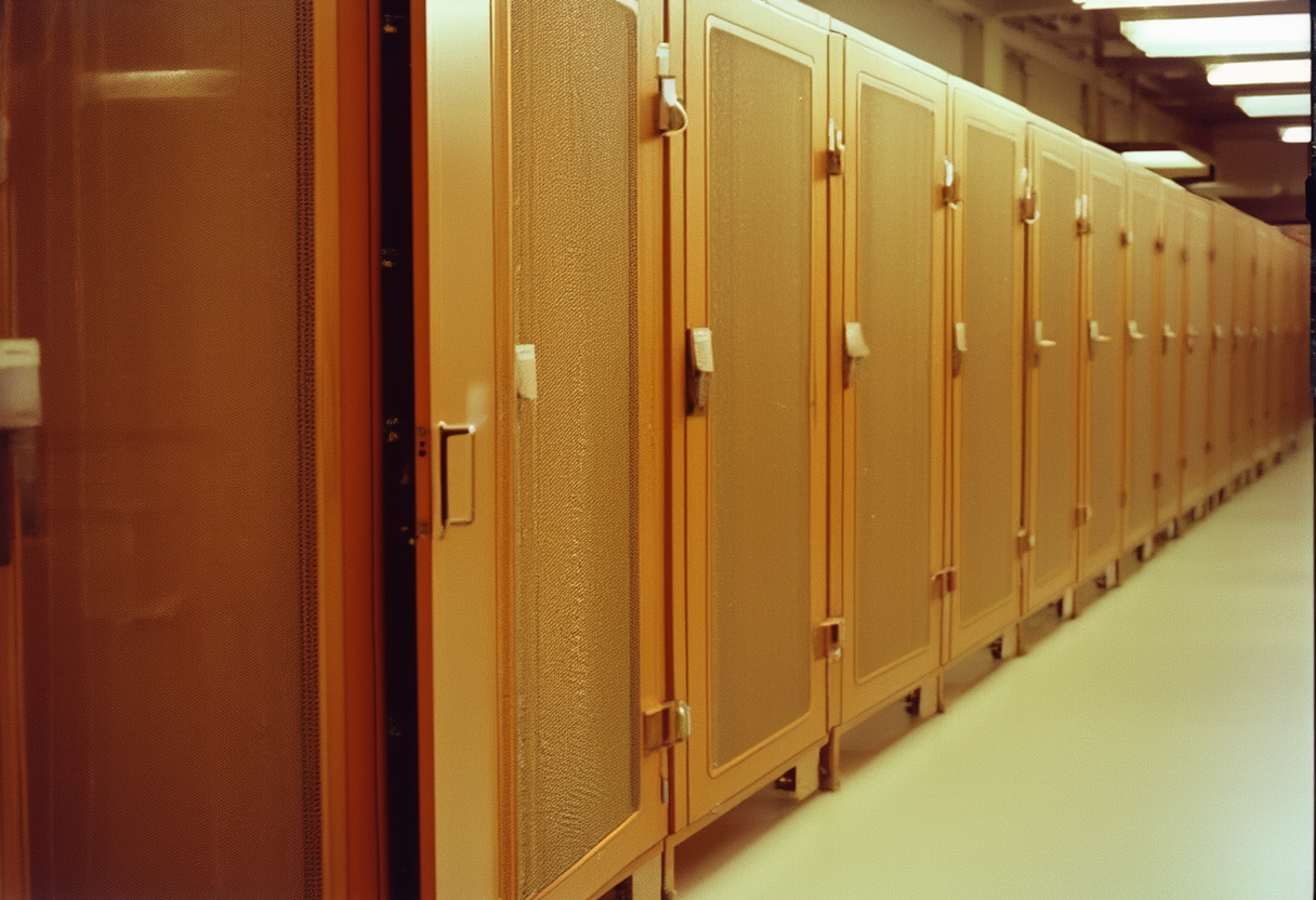 A row of identical server cabinets receding to a vanishing point, one cabinet door standing open.