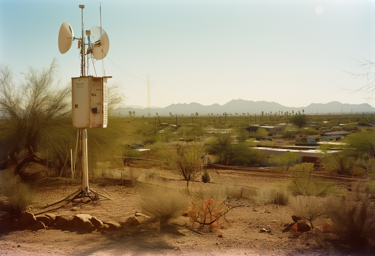 A solar-powered LibreRouter node, antenna re-aimed by hand, atop a repurposed parking-lot pole at the Duluth…