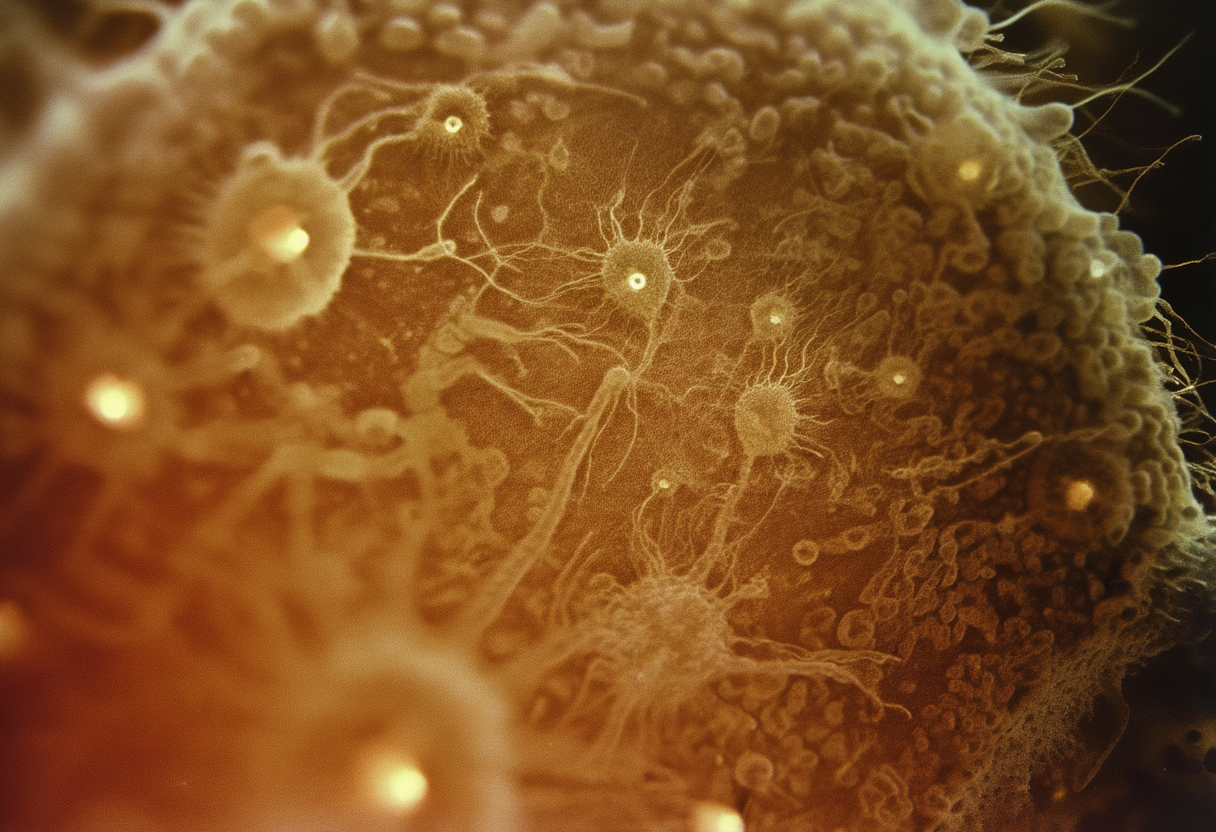 A microscopic view of cultured neurons on a microelectrode array, the kind of living substrate used…