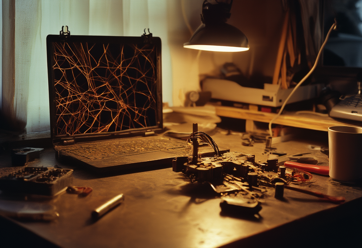 A repair bench with an opened drone shell beside a laptop showing a dense tangle of traced branching filaments.