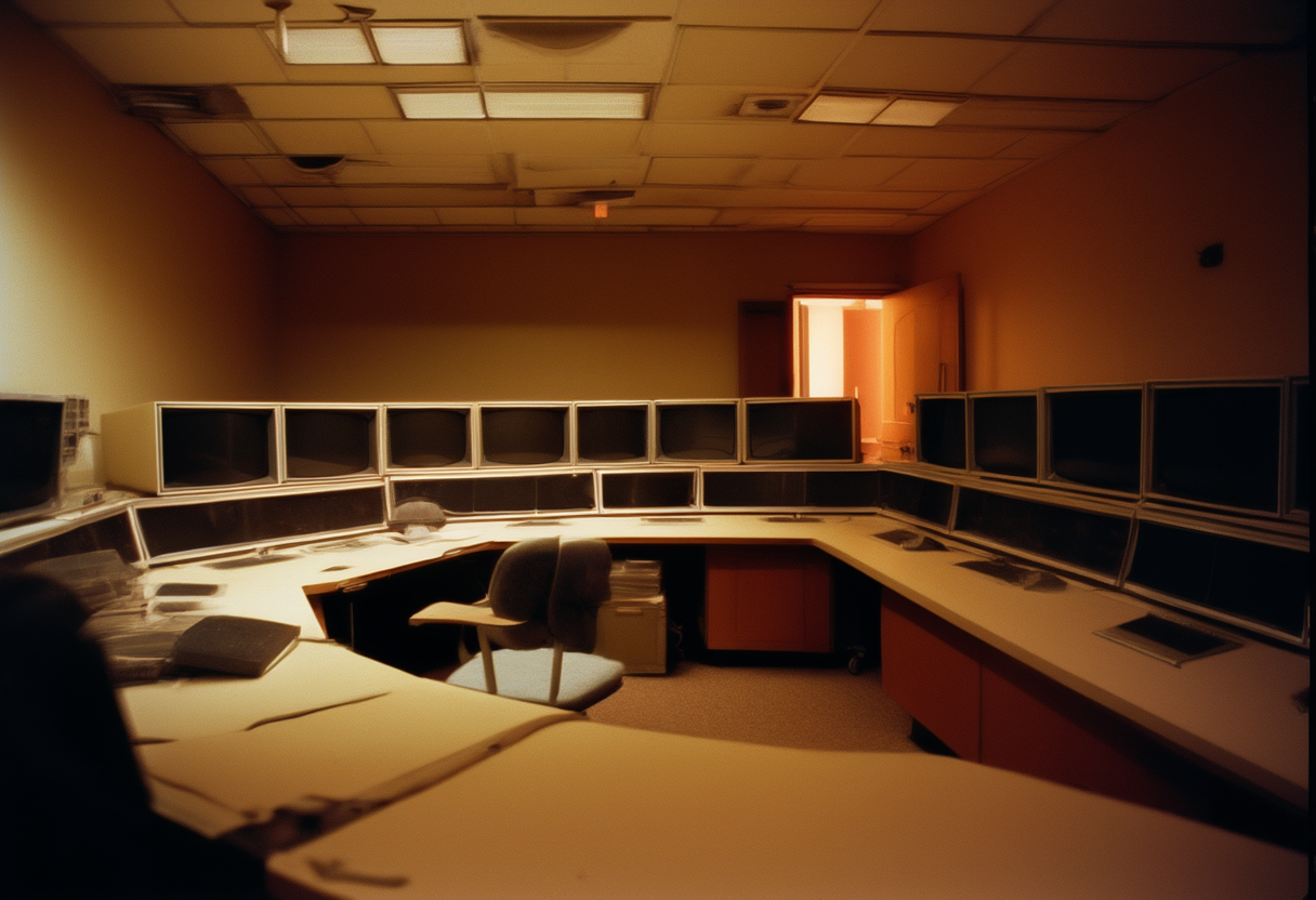 A deserted monitoring room at night with dark displays and one chair pushed back from the desk.